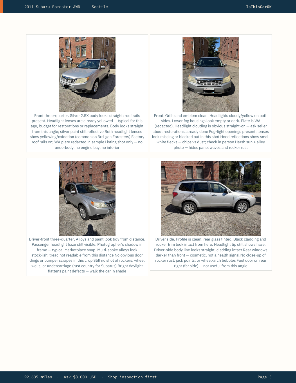 Sample report page explaining what listing photos show and what remains unknown.